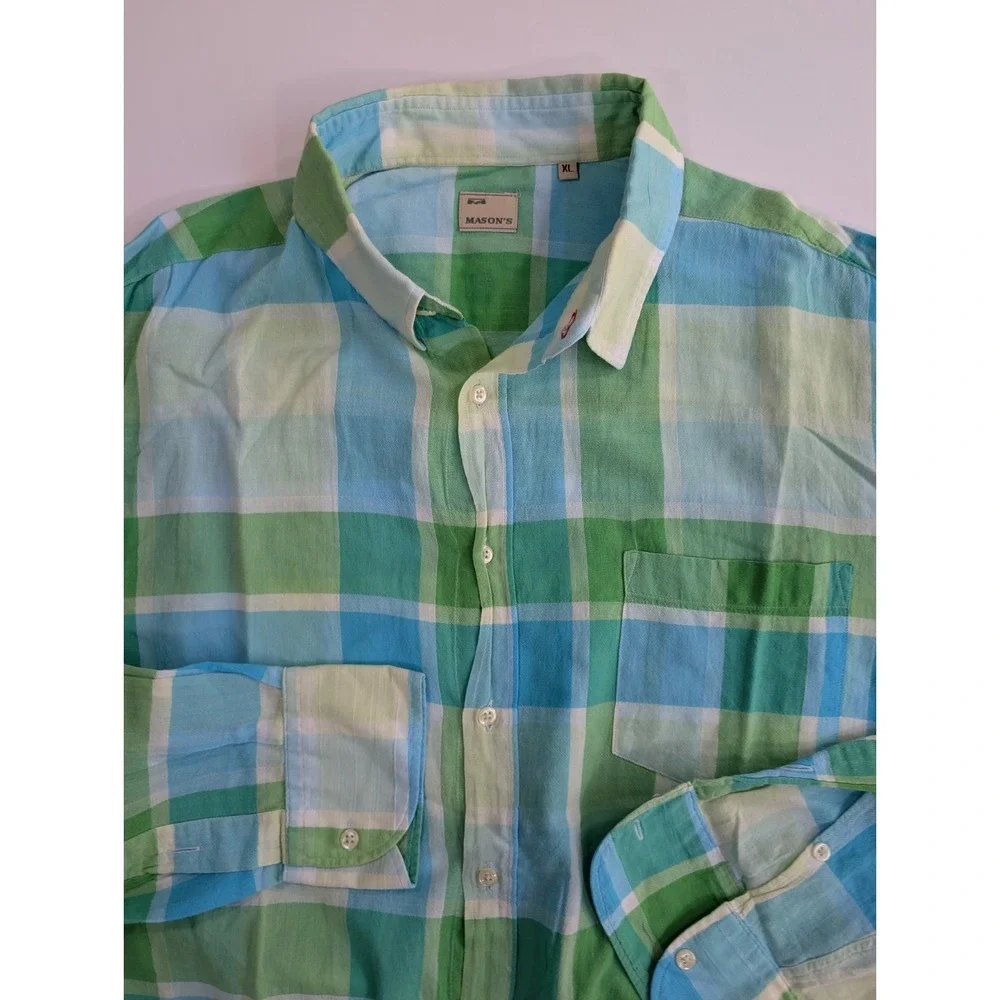 Masons Shirt Mens XL Plaid Long Sleeve Button Down Italian Green Blue Check